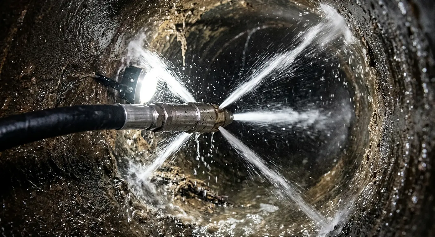 High-pressure hydro jetting nozzle cleaning sewer pipe for Trenchless Sewer Repair in Downey