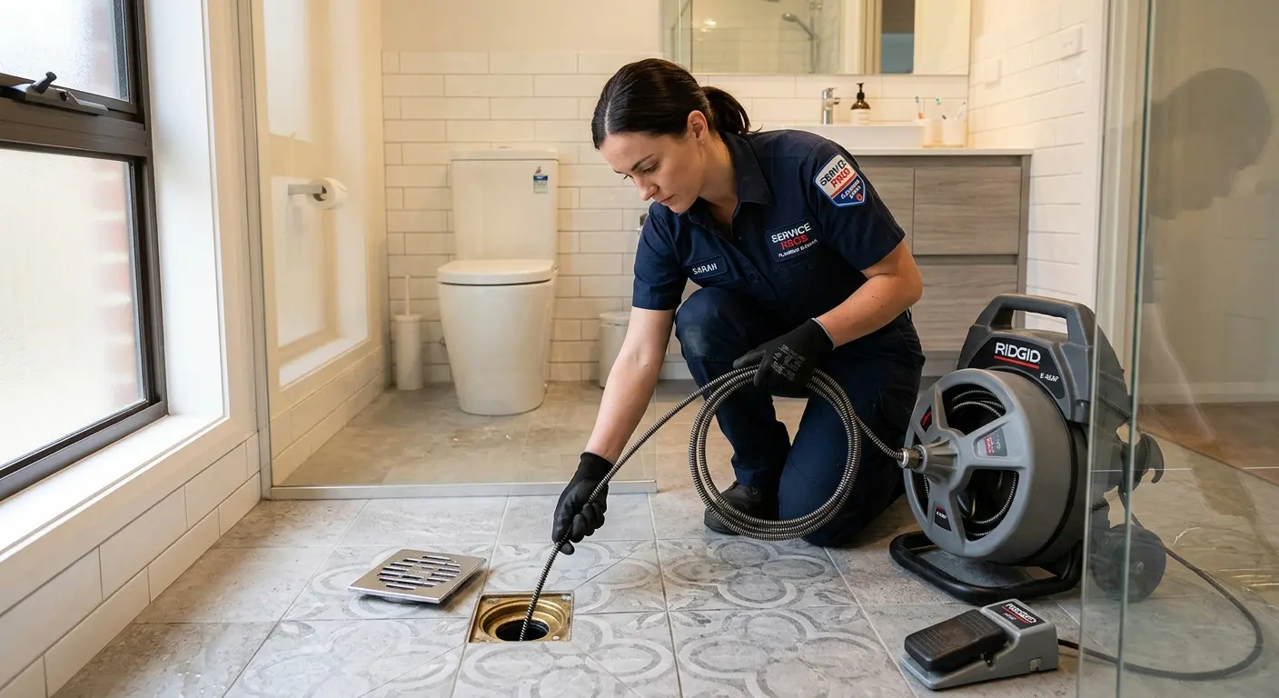 Technician clearing a bathroom floor drain for Hydro Jetting in Downey